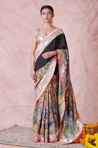 Aamra By Lavanya Noir Hand Embroidered Silk Saree Set 
