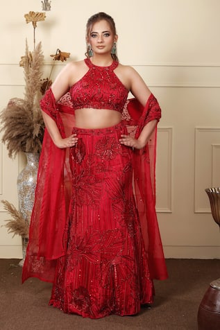 Lasha Red Satin Silk Embroidered Lehenga Set 