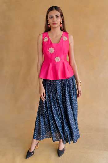 Shachi Sood Pink Hand Embroidered Top & Navy Skirt 