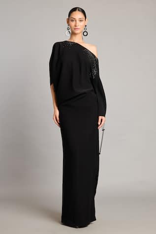Siddartha Tytler Crystal Asymmetric Black Gown 