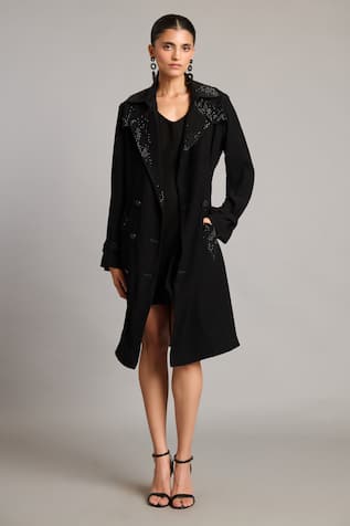 Siddartha Tytler Crystal Embellished Black Trench Coat 