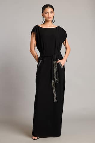 Siddartha Tytler Black Belted Kaftan with Crystal Detail 