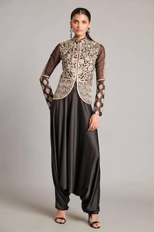 Siddartha Tytler Black Satin Zouave Flared Pant 