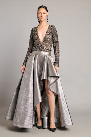 Siddartha Tytler Gunmetal Lame Asymmetric Quilted Skirt 