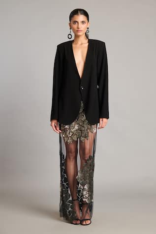Siddartha Tytler 3D Sequin Embroidered Sheer Black Skirt 