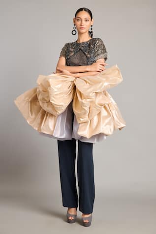 Siddartha Tytler Gunmetal Sheer Mixed Media Top 