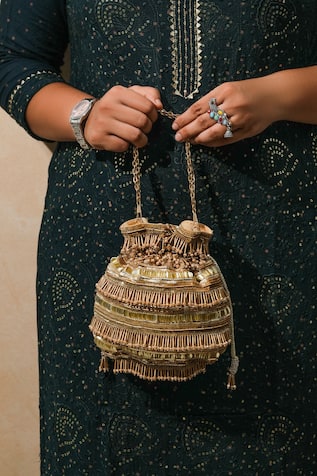 The Purple Sack Golden Polma Tassel Potli 