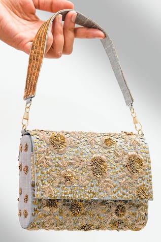 The Purple Sack Golden Silver Flower Clutch 