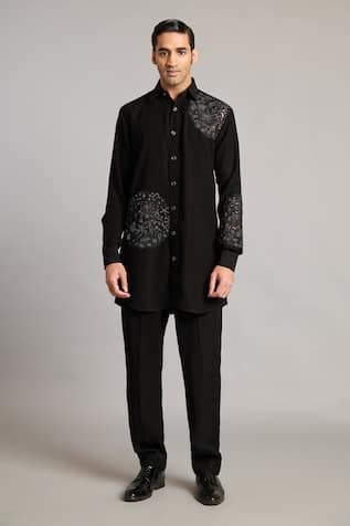 Siddartha Tytler Floral Embroidered Black Shirt & Pant Set 
