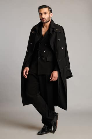 Siddartha Tytler Classic Black Microfiber Trench Coat 