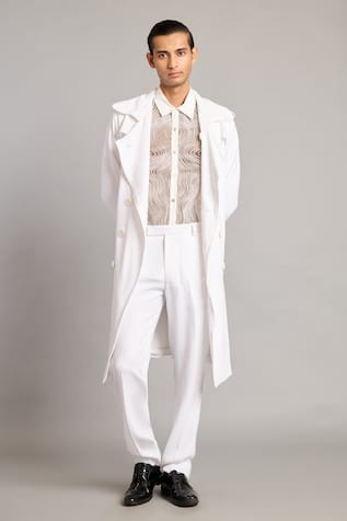 Siddartha Tytler White Microfiber Classic Trench Coat 