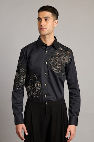 Siddartha Tytler Floral Embroidered Black Cotton Shirt 