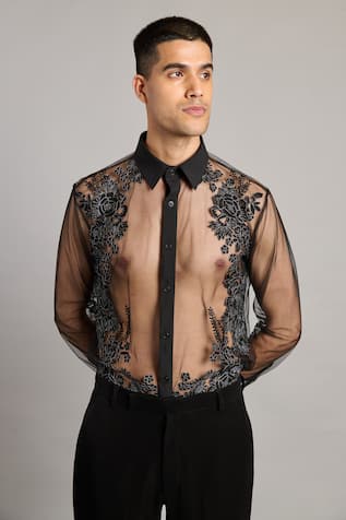 Siddartha Tytler Sheer Floral Black Shirt 