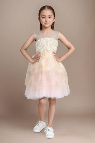 Petite Pomme Embellished Cream Party Dress 