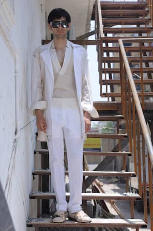 Ankur J Off White Designer Overlay Jacket Set 