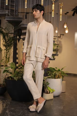 Ankur J Beige Modal Satin Bomber Shirt 