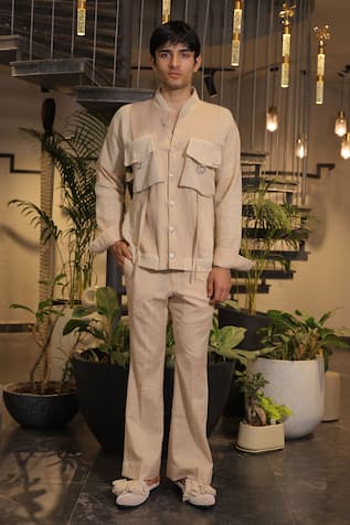 Ankur J Beige Crochet Bomber Shirt 
