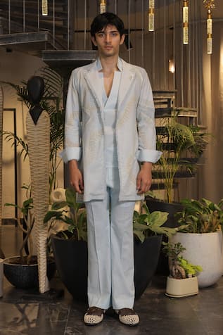 Ankur J Designer Crochet Linen Overlay Jacket Set 
