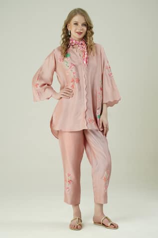Surabhi Arya Onion Pink Embroidered Silk Shirt Set 