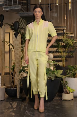 Ankur J Yellow Linen Crochet Bomber Shirt & Pant Set 