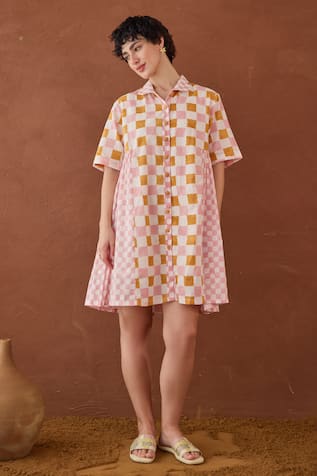 Taro Bubblegum Block Printed Shirt Dress 
