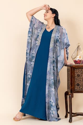 Mamicha Teal Blue Sparkle Chiffon Dress & Shrug Set 