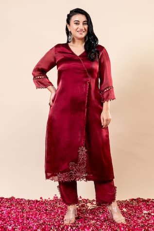Mamicha Rose Wood Organza Chiffon Angrakha Set 