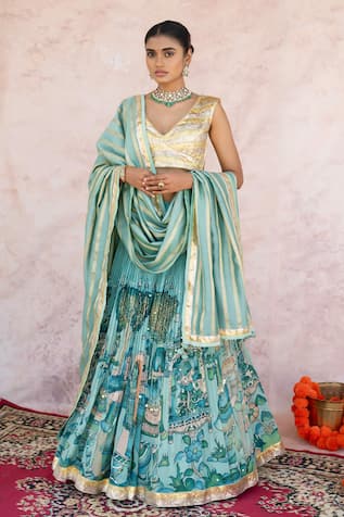 Aamra By Lavanya Ice-Blue Hand Embroidered Lehenga Set 