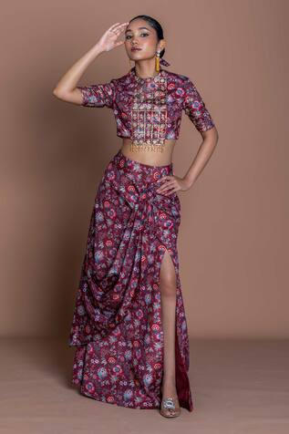 Damoiselle Garnet Grid Draped Skirt Set 