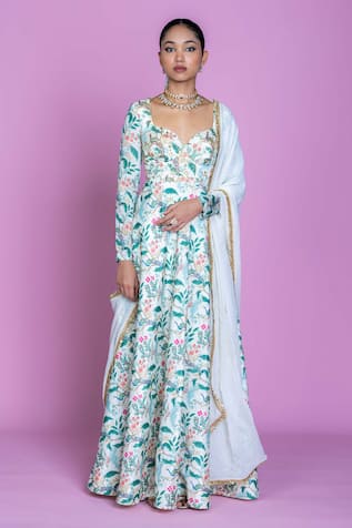 Damoiselle Ivory Serenade Embroidered Anarkali Gown Set 