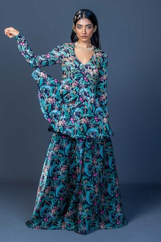 Damoiselle Midnight Peacock Peplum Ensemble 