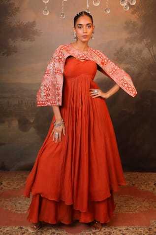 Jigya Japra Cinnamon Orange Anarkali & Cape Set 