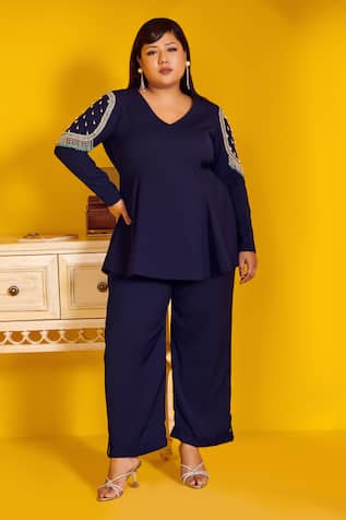 Mamicha Navy Blue Cipher Peplum Top & Pant Set 