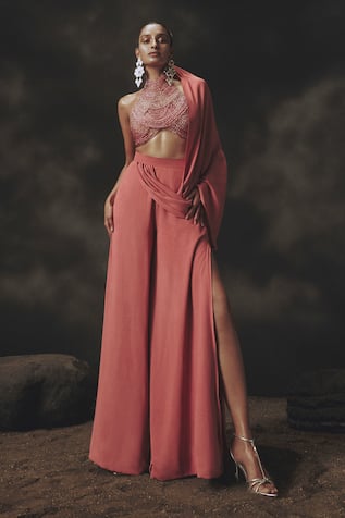 Nikhil Thampi Pink Beaded Georgette Pant Saree Set 