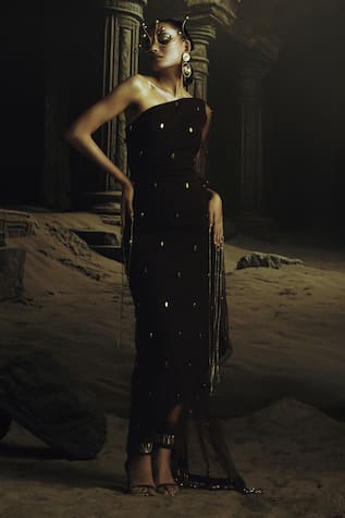 Nikhil Thampi Cocoa Brown Gold Embroidered Kaftan Set 
