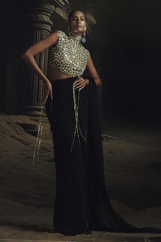 Nikhil Thampi Black Georgette Pre-Draped Saree Set 