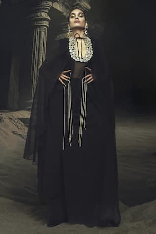 Nikhil Thampi Black Georgette Kaftan & Pant Set 