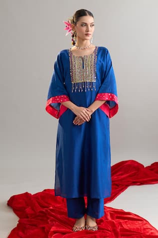 Anantaa By Roohi X AZA Embroidered Royal Blue Kaftan & Pant Set 