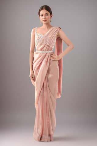 Pink Crepe Pre-Draped Saree Set 