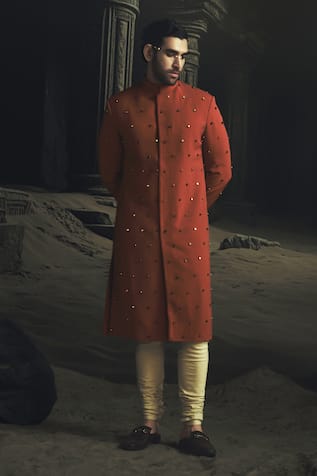 Nikhil Thampi Rust Metallic Bead Embroidered Sherwani Set 