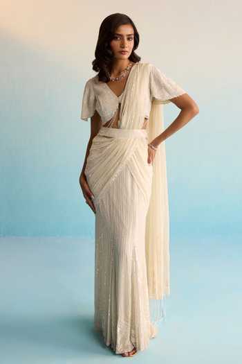 House Of Armuse Ivory Pre-Draped Saree & Blouse Set 
