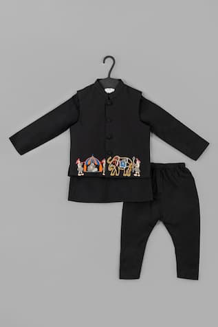 LITTLE BRATS Black Palki Embroidered Kurta Set 