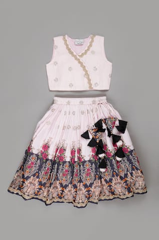 LITTLE BRATS Zari Embroidered Angrakha Blouse & Lehenga Set 