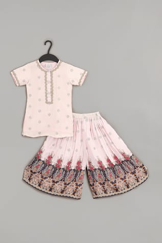 LITTLE BRATS Powder Pink Zari Embroidered Kurta & Sharara Set 