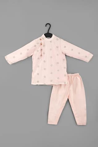 LITTLE BRATS Zari Embroidered Powder Pink Kurta Set 