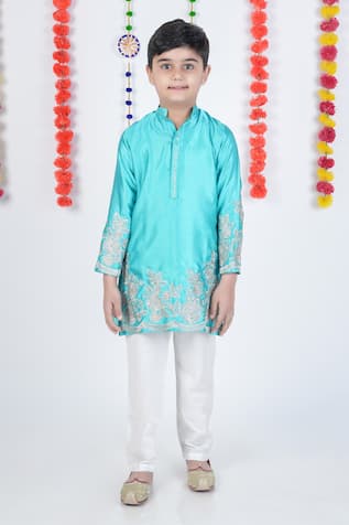LITTLE BRATS Peacock Green Embroidered Kurta Set 