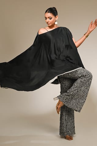Couture By Niharika Black Satin & Organza Kaftan Pant Set 