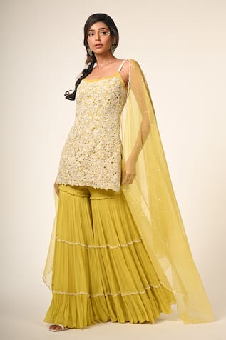 Couture By Niharika Yellow Organza Embroidered Kurta Sharara Set 