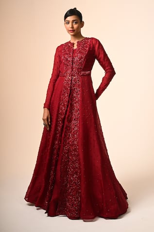 Couture By Niharika Red Organza Embellished Jacket Set 