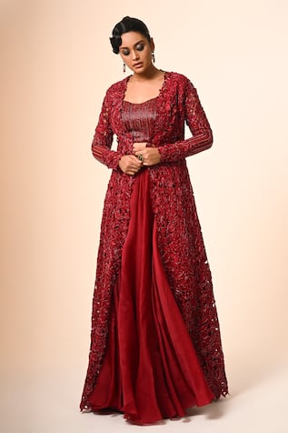 Couture By Niharika Red Organza & Net Jacket Skirt Set 